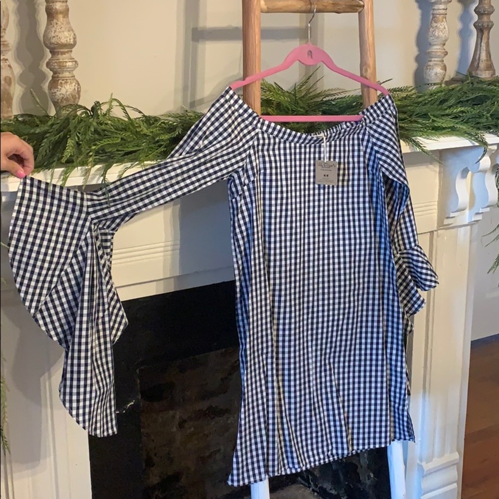Gingham off the shoulder dress